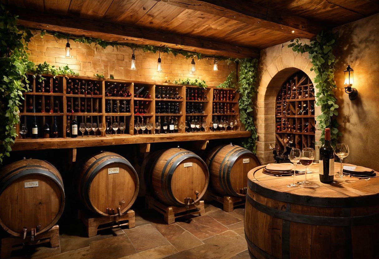 An inviting and vibrant scene of a cozy wine cellar filled with an array of wine bottles and glasses, adorned with cheerful wine lovers enjoying a tasting event, laughter and smiles all around. Include rustic wooden barrels, green vines creeping through the space, and soft golden lighting for warmth. super-realistic. vibrant colors. warm tones.