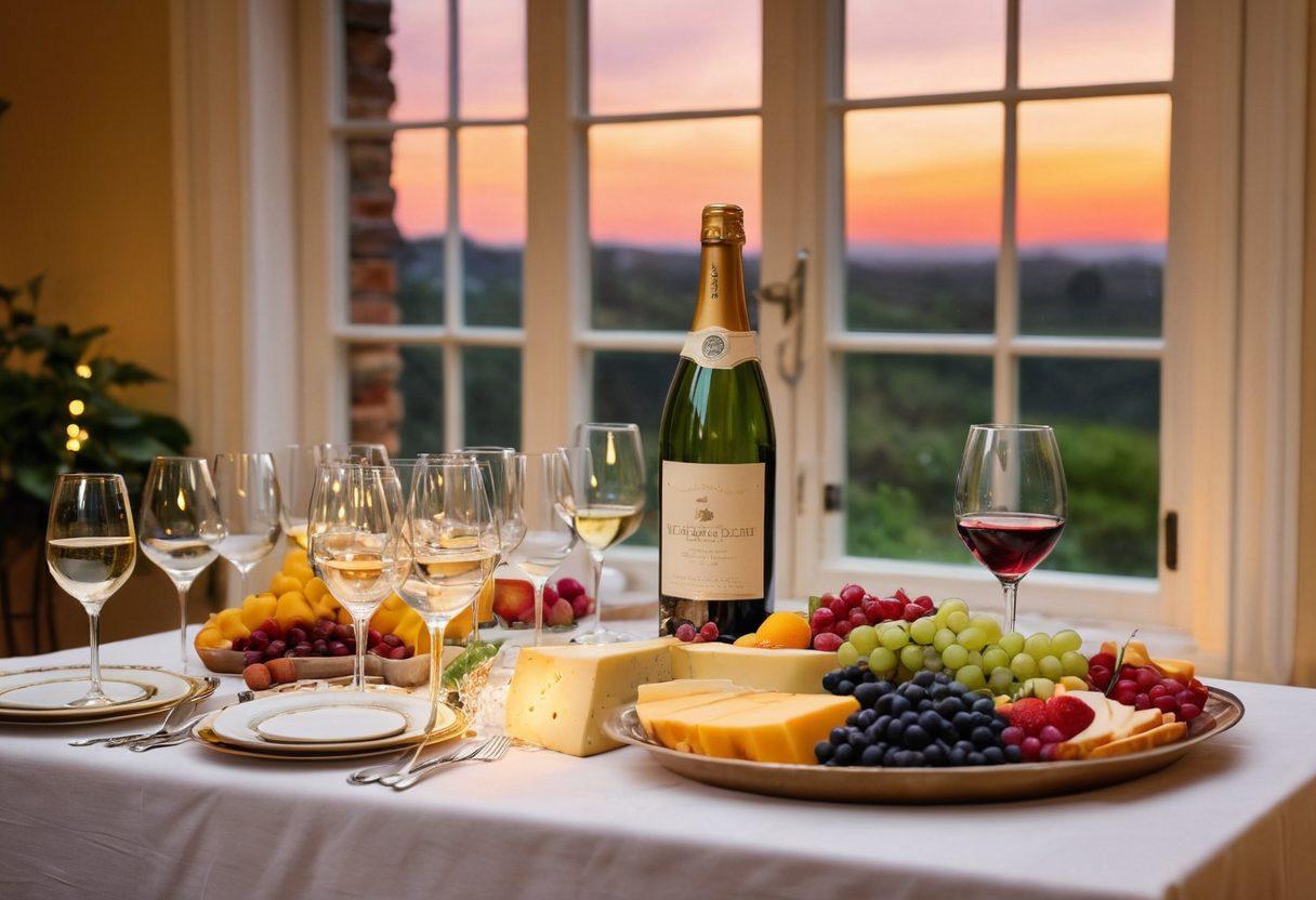 A beautifully arranged table set for a celebration, featuring an array of vintage wine bottles alongside sparkling wine glasses filled with bubbly. Include elegant cheese and fruit platters, with twinkling fairy lights in the background creating a warm ambiance. Incorporate a sunset view through a window, adding a touch of romance and festivity. The overall aesthetic should feel inviting and celebratory, evoking the joy of wine pairings. vibrant colors. warm lighting. super-realistic.