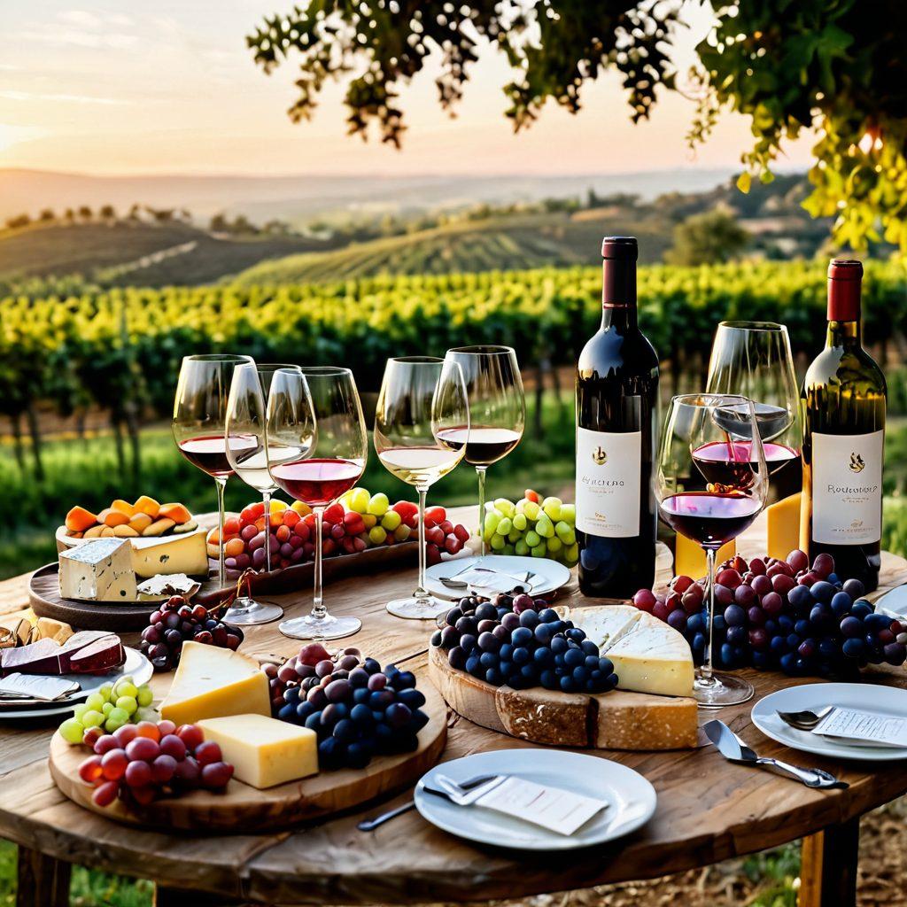 A beautifully arranged wine tasting setup featuring an elegant table adorned with various wine glasses filled with rich reds, whites, and rosés. Surrounding the table are delicious cheese platters, fruits, and a rustic backdrop of vineyards at sunset. Capturing the essence of joy and celebration, with people clinking glasses together and smiles all around. artistic photography. vibrant colors. warm glow.